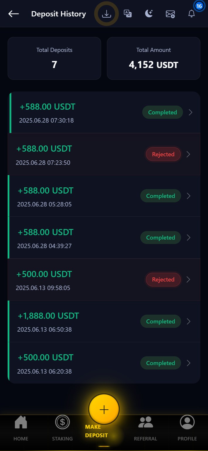 Complete deposit history list
