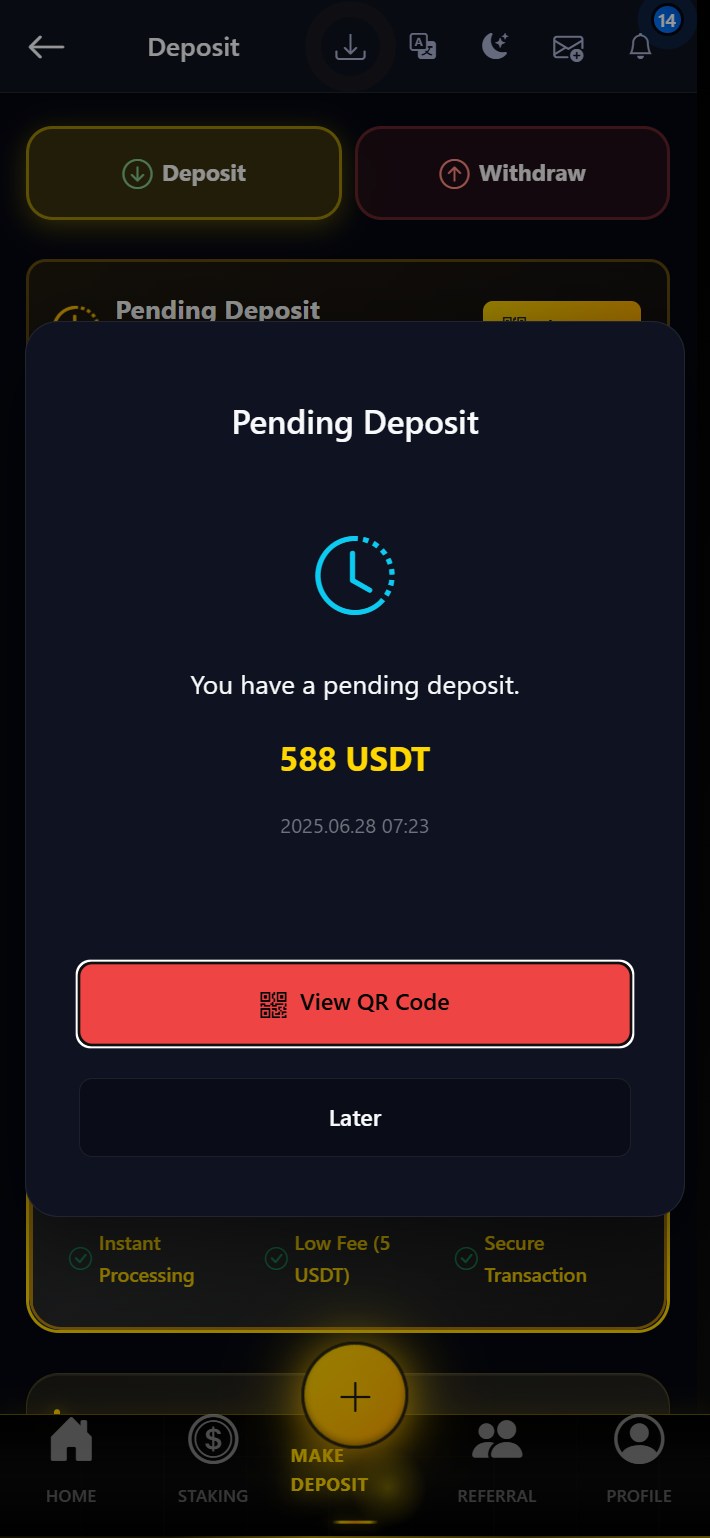 Pending approval modal when returning to deposit page