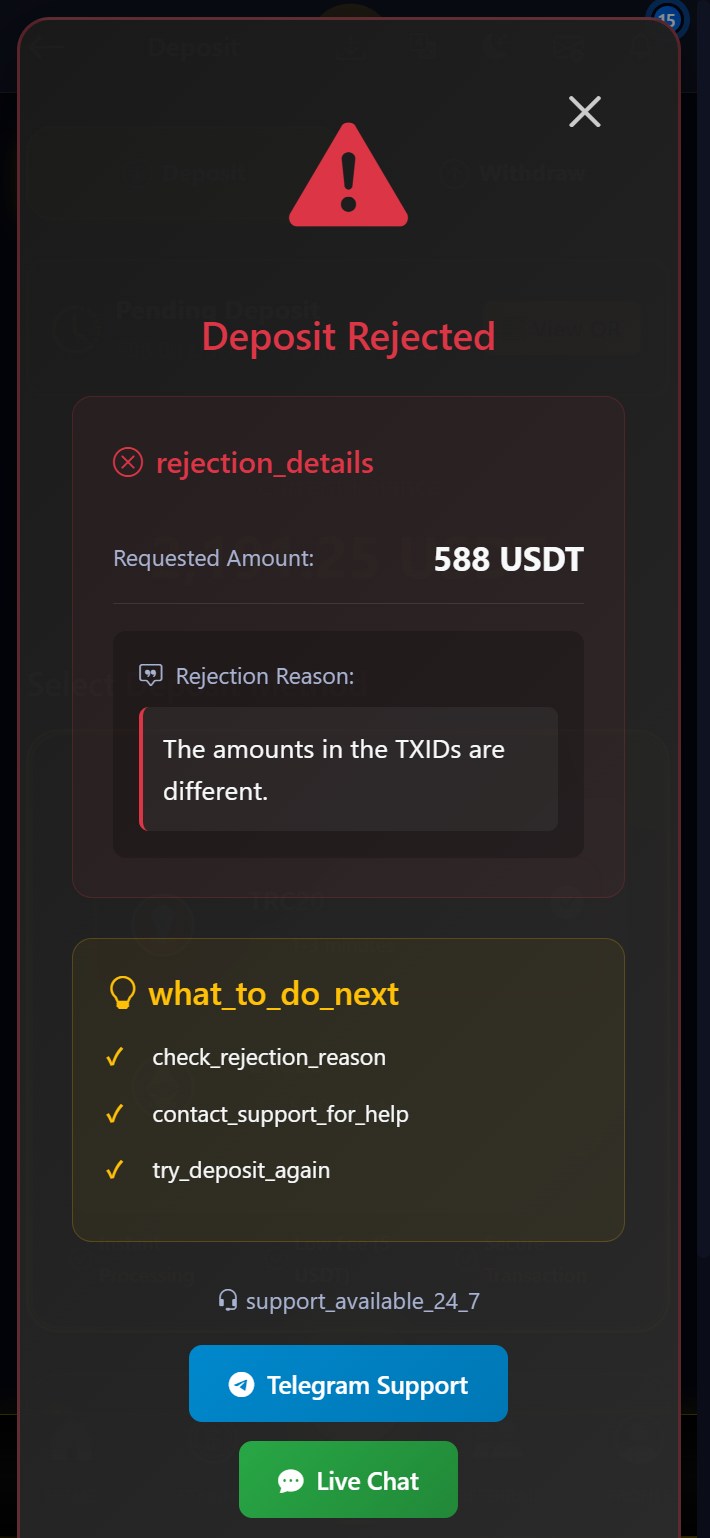 Deposit rejection message for amount mismatch