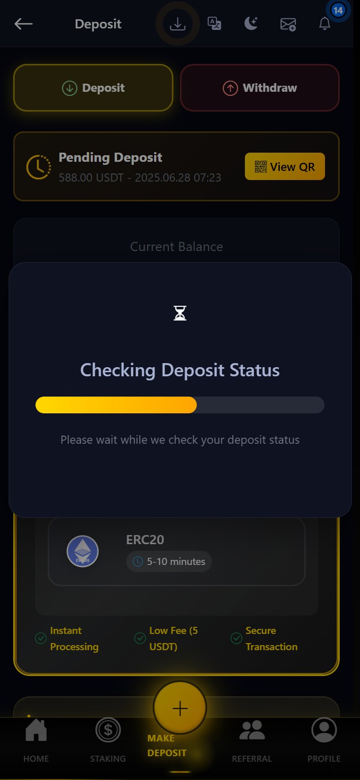 Deposit status checking screen