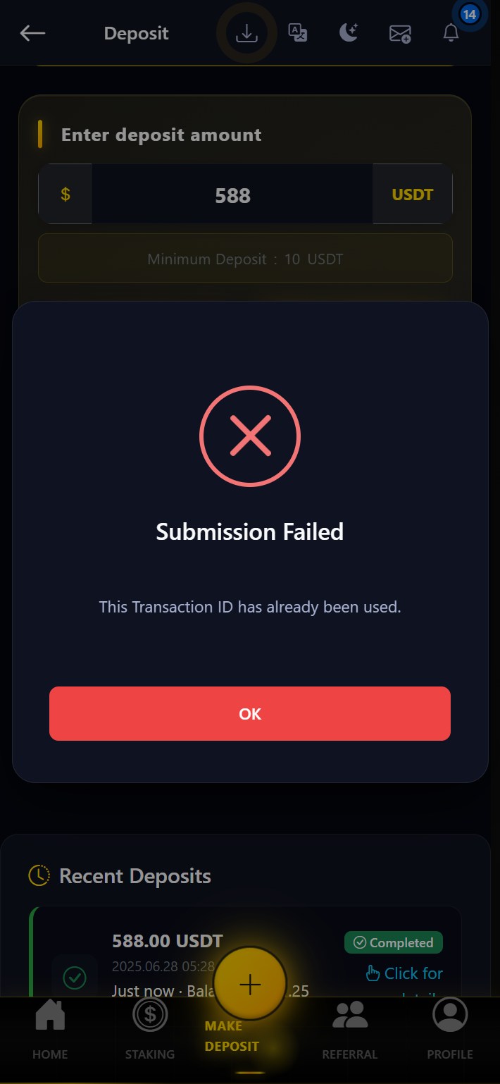 TX ID error modal for wrong or duplicate TX ID