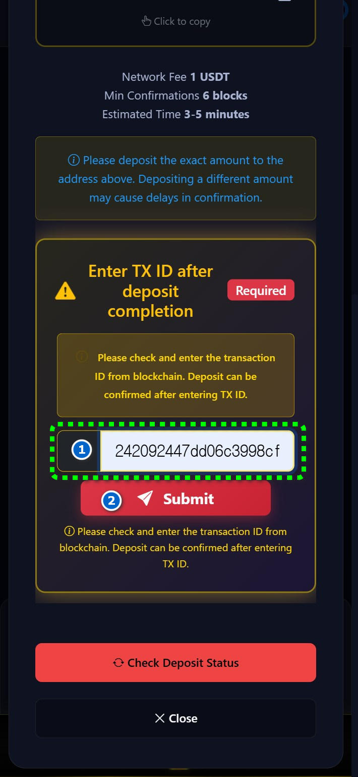 Enter TX ID after sending correct amount