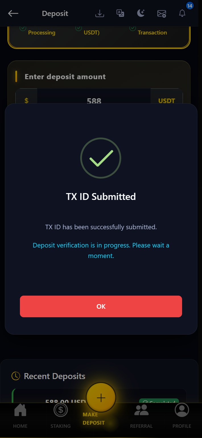 TX ID success confirmation modal